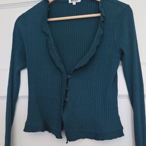 LAmade Teal Ribbed Button-Front Cardigan with Ruffle Trim